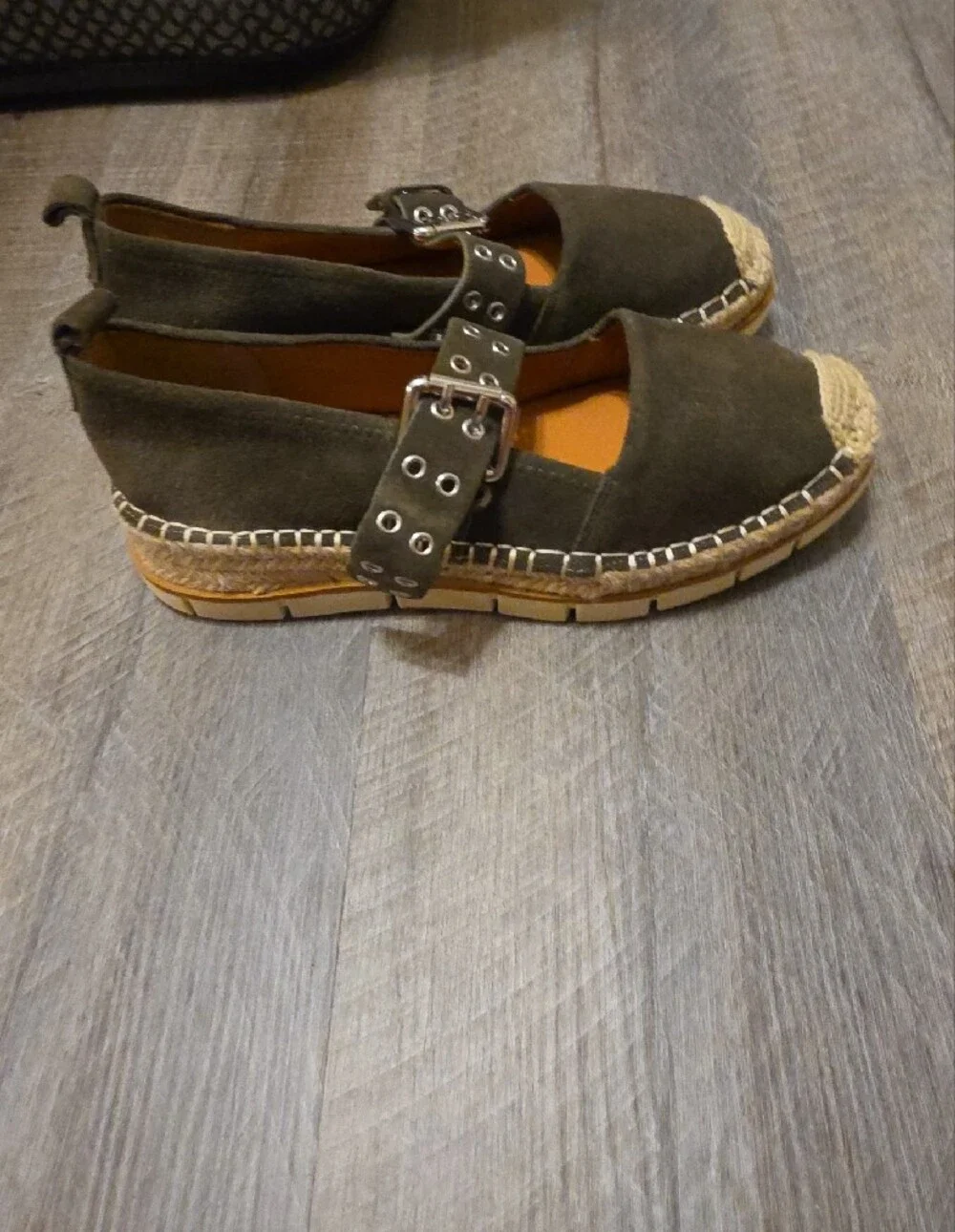 MIA Olive Green Suede Espadrille Mary Jane with Studded Buckle